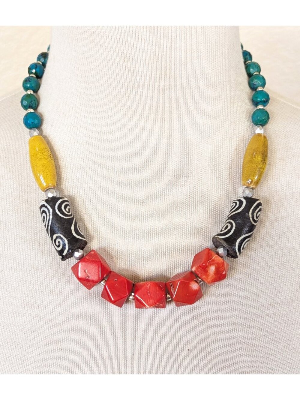 Southwestern Red Coral, Blue Green Azurite, Yellow Chunky Statement Necklace